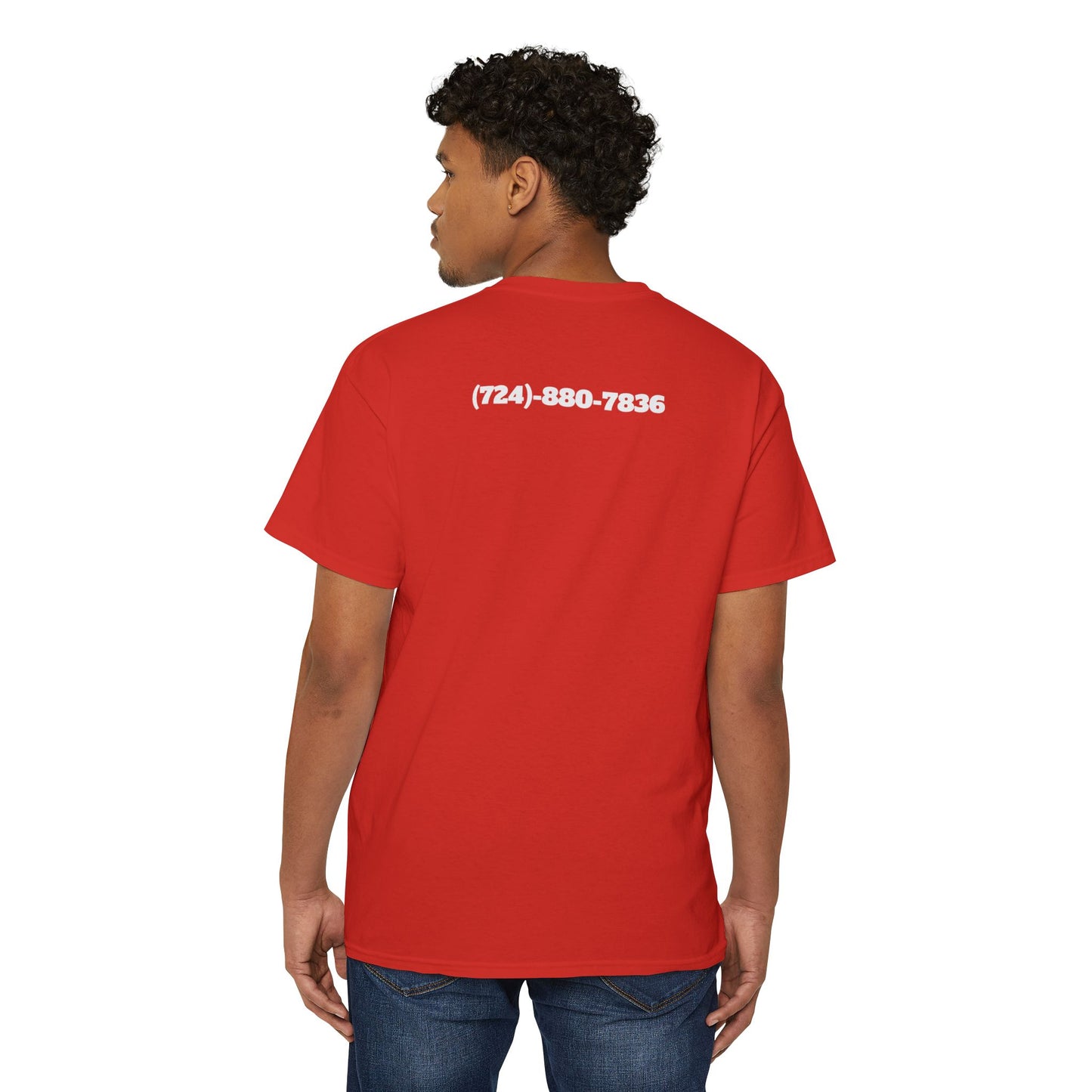 Unisex Heavy Cotton Pocket Tee - Minimalist Spider Design with Contact Number